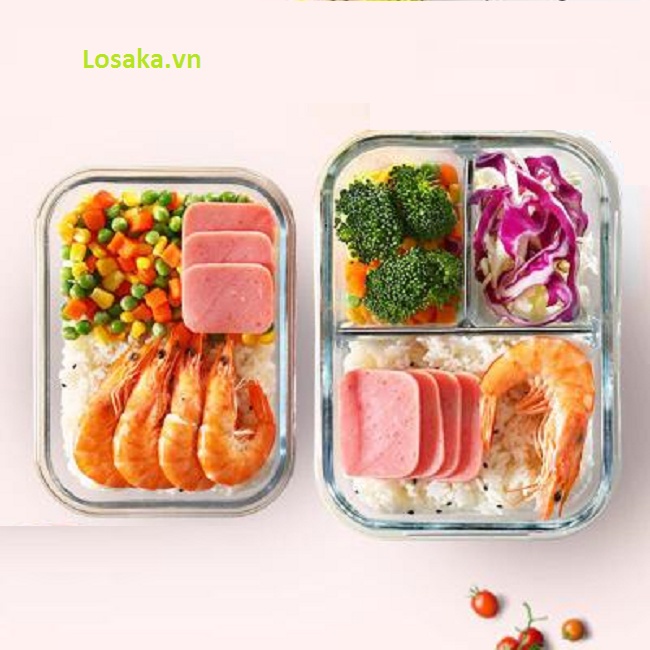 Hộp cơm văn phòng bằng thủy tinh chịu nhiệt chia ngăn dùng được trong lò vi sóng