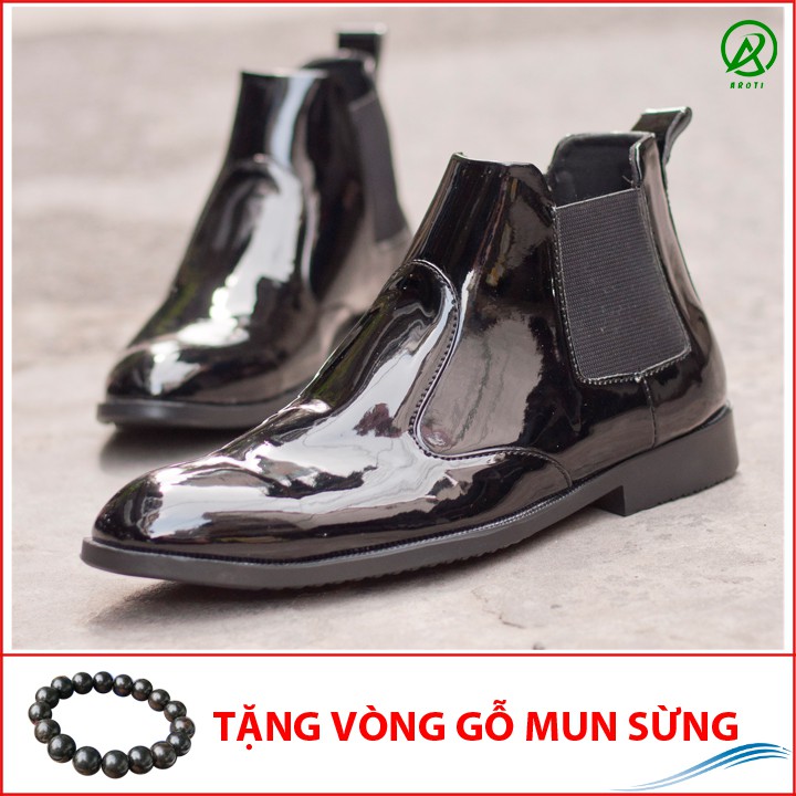 [Video- Ảnh Thật] Giày Boot Nam Cổ Chun Da Bóng Màu Đen Sang Trọng Và Phong Cách - CB520-BONGCHUN(GM)-Kèm Vòng Gỗ Mun