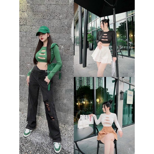 Áo chất tăm croptop dài tay
