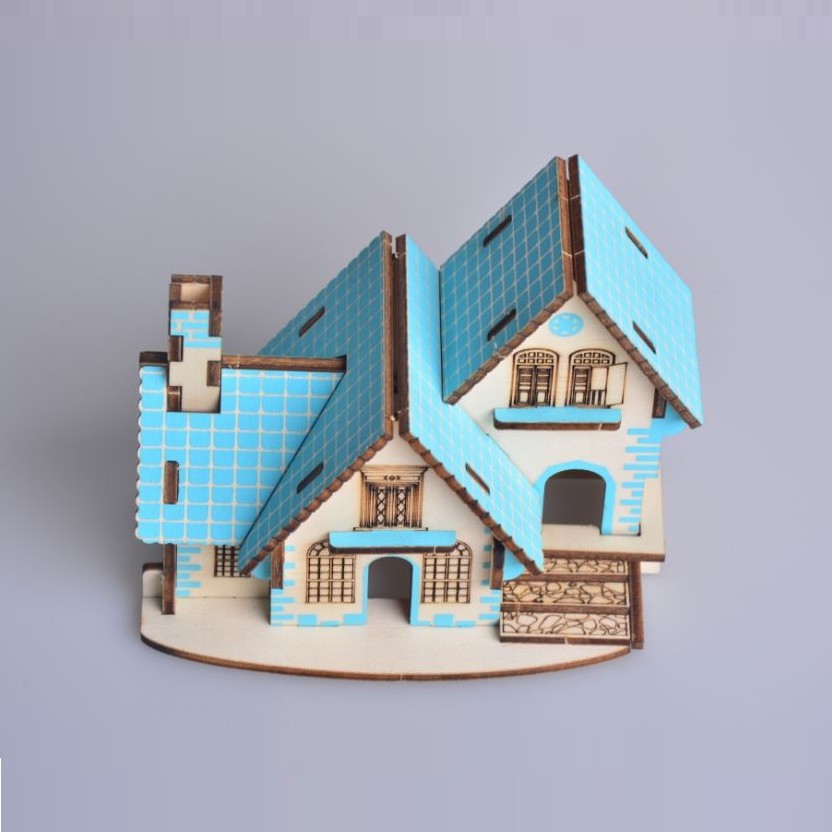 Mô hình lắp ráp 3D gỗ - Mini blue house cắt laser