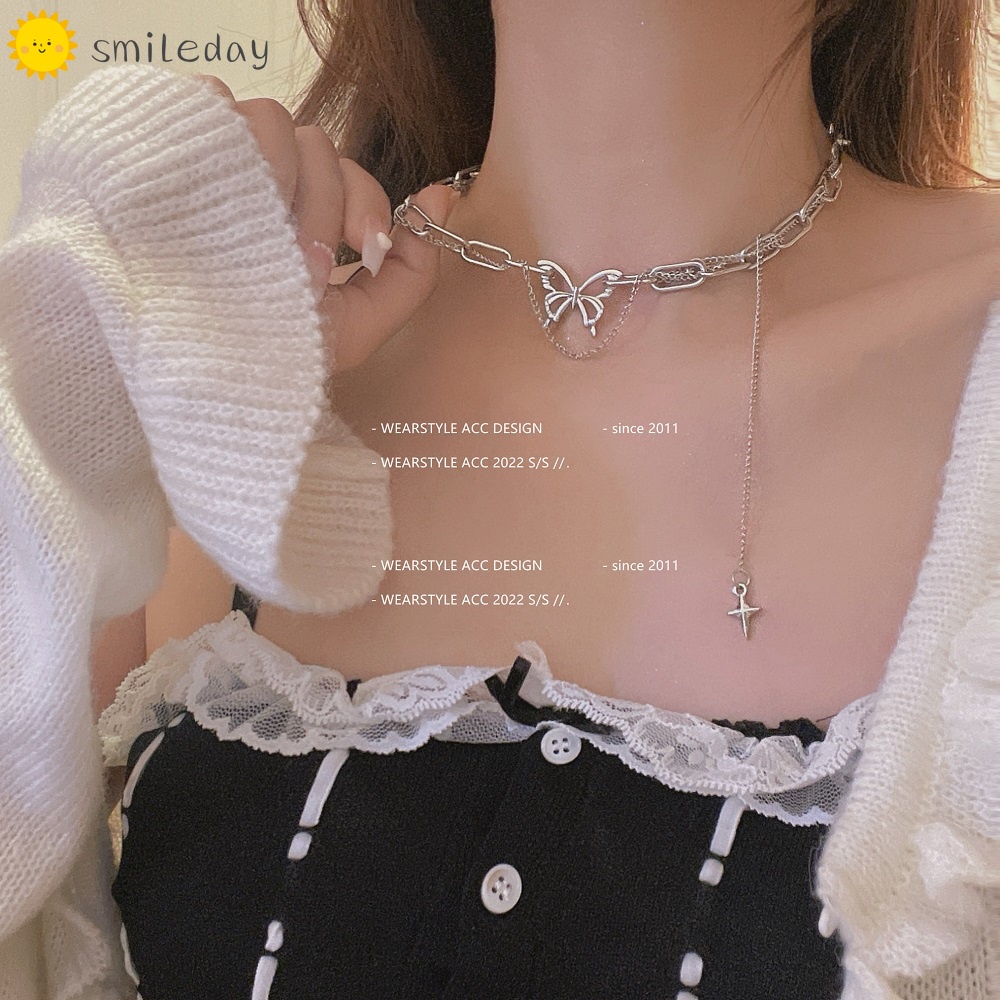 Vòng cổ Tua Rua Mạ Bạc Y2K Mặt Hình Bướm/Chữ Thập Cho Nữ
