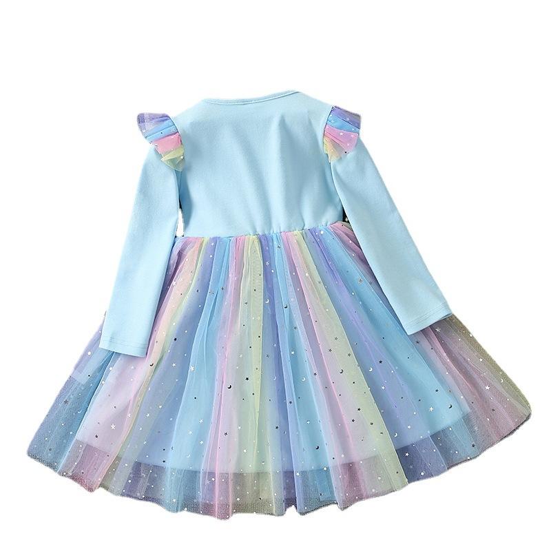 Đầm Công Chúa Elsa Tay Dài Phồng Phối Lưới Cổ Tròn Phong Cách Âu Mỹ Thời Trang Xuân Thu Mới Cho Bé Gái