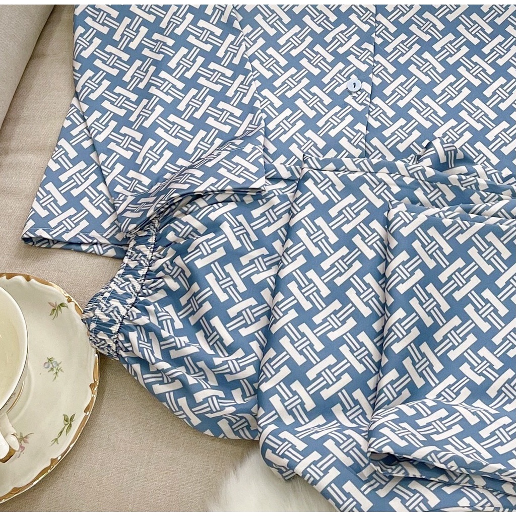 Bộ mặc nhà Pyjama lụa cao cấp Tea Store tay dài quần dài họa tiết hoa văn xanh