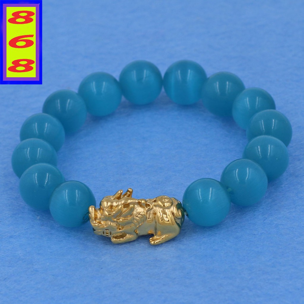 Vòng đeo tay ĐMM xanh biển 12 ly - cẩn Tỳ Hưu inox vàng VMEXBTHV12 - hợp mệnh Thủy, mệnh Mộc