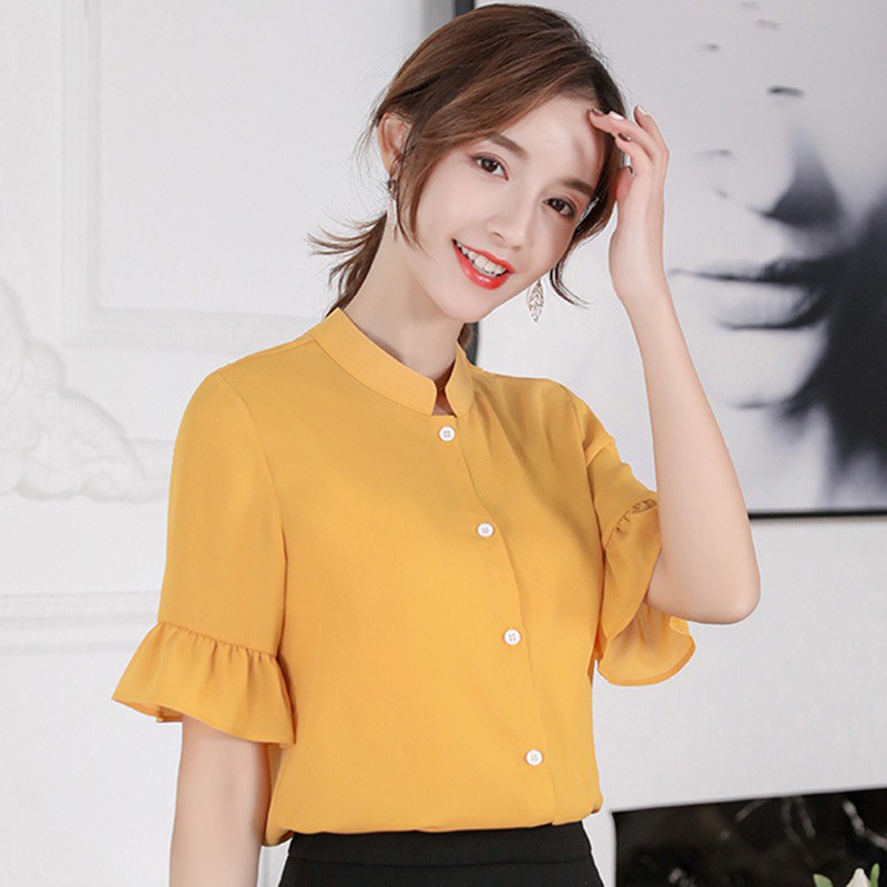 [Baywellfashion]Áo kiểu chất Chiffon tay phối bèo thiết kế dáng rộng che khuyết điểm