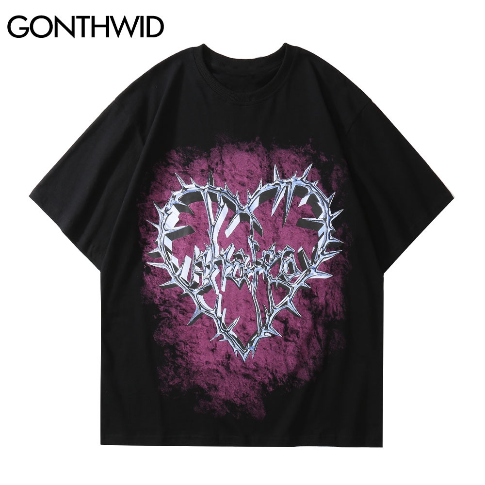 Áo thun Cotton in hình trái tim phối dây xích phong cách Punk Rock đường phố Harajuku thời trang
