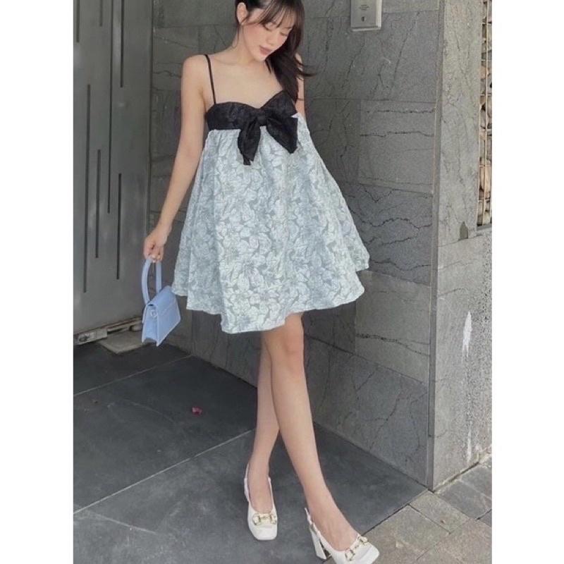 Đầm babydoll vải gấm phối nơ