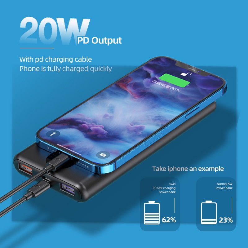 Sạc dự phòng Awei P117K 10000mAh hai cổng USB PD20W màn hình LED kỹ thuật số chất lượng cao