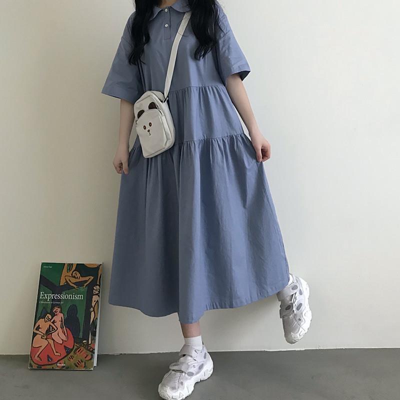 Đầm dài qua gối dáng rộng cổ búp bê phong cách Hàn Quốc mới dễ phối đồ