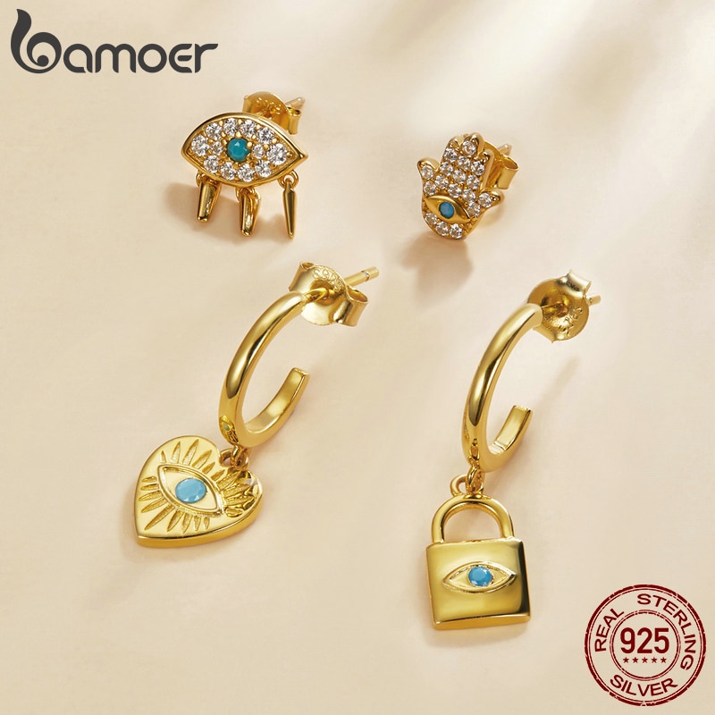 Hoa tai Bamoer SCE1138 bằng bạc sterling 925 dòng Tây Ban Nha bí ẩn màu vàng