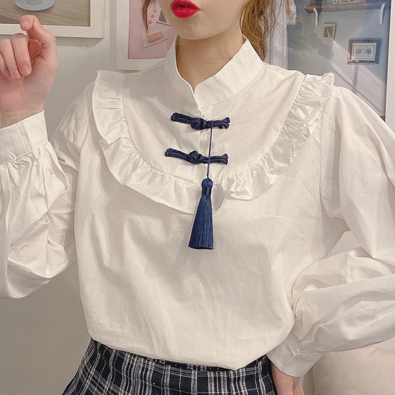 Áo Sơ Mi Trắng Tay Dài Cổ Đứng Dáng Rộng Cài Khóa Thời Trang Cho Bạn Gái