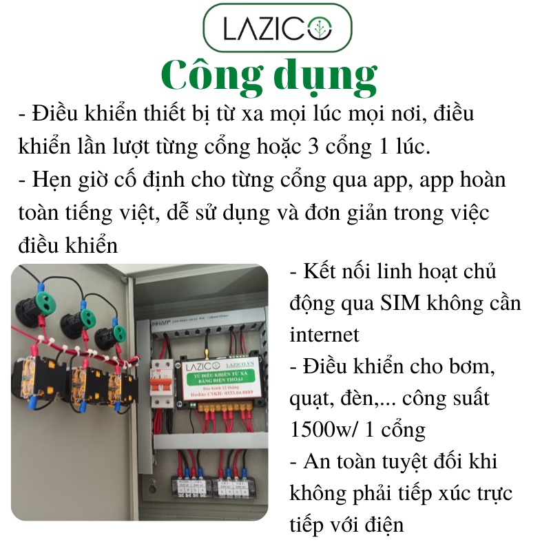 Tủ điều khiển từ xa 220V bằng điện thoại 3 kênh dùng app, 1500w/1 kênh LAZICO LZ3B+