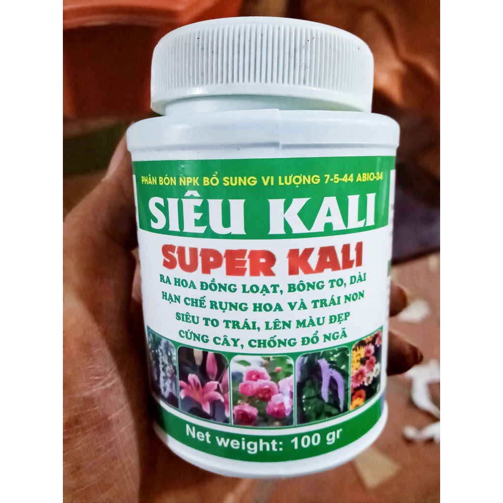 Siêu Kali 100gr_Phân bón lá NPK 7-5-44 ABIO-34_ra hoa nhiều, bông to, hạn chế rụng hoa, quả non, to trái, cứng cây_Kaly