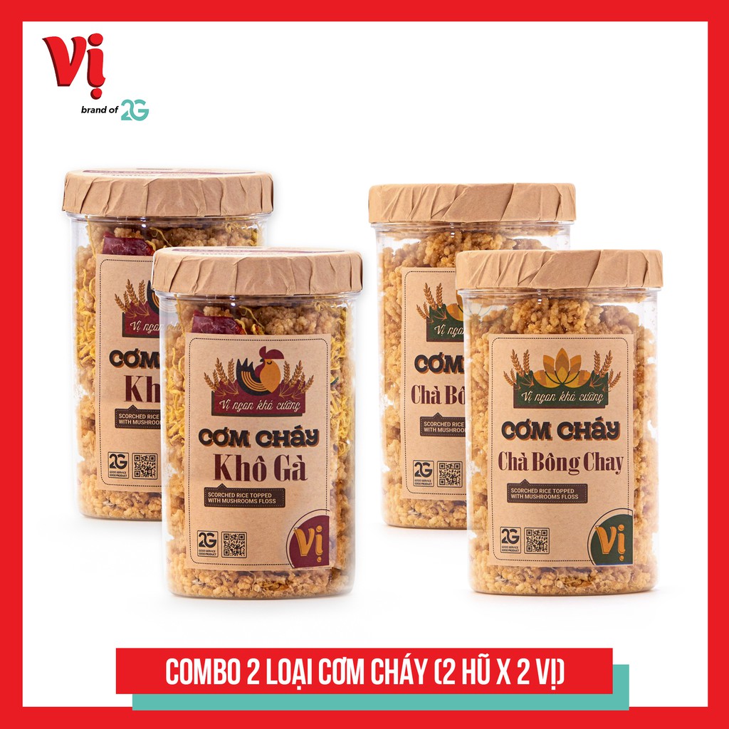 (Combo siêu tiết kiệm) 2 hũ Cơm cháy khô gà VỊ 150g + 2 hũ Cơm cháy chay VỊ 150g