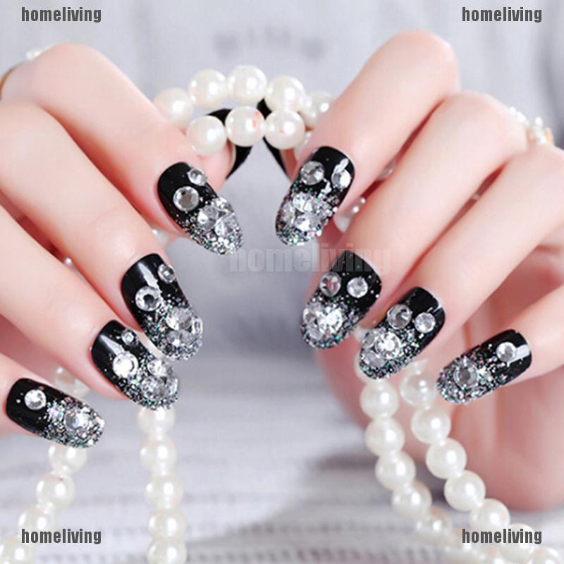Set 24 Móng Tay Giả Đính Đá Đen 3D