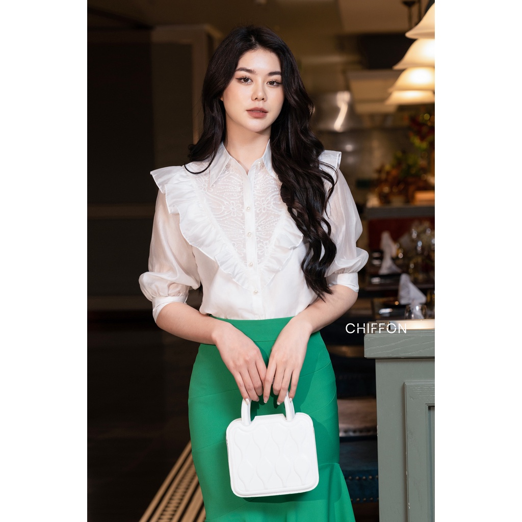 Áo sơ mi nữ cổ đức phối ren bèo cao cấp Chiffon