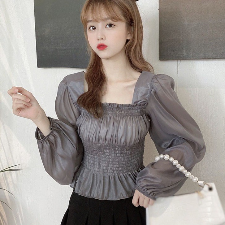 Áo Kiểu Chất Chiffon Tay Ngắn Thiết Kế Cổ Vuông Thanh Lịch