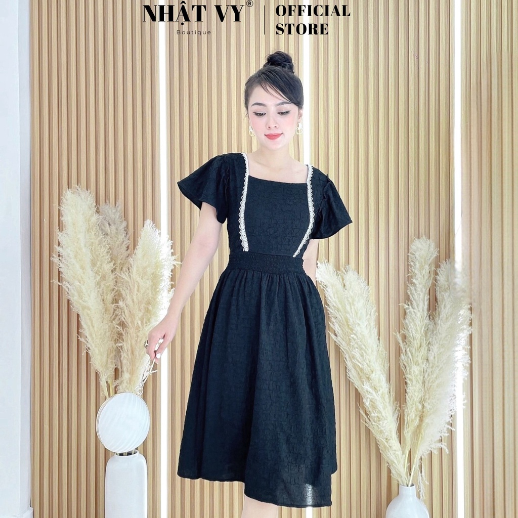 Váy Công Sở NHẬT VY Tay Cánh Tiên Cổ Vuông Phối Ren Ngực Chất Xốp Thun Mỹ Màu Xanh, Trắng, Đen, Cam, Nâu - D2429