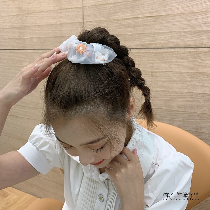 Dây buộc tóc trong suốt đính hoa bằng vải đáng yêu cho nữ 2021