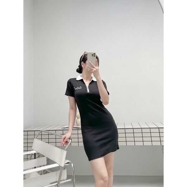 Đầm body POLO 2 màu  (Hình shop chụp)  Thun len gân  thêu chữ dây kéo sắt cá tính - Thời Trang VADA (Đ51)