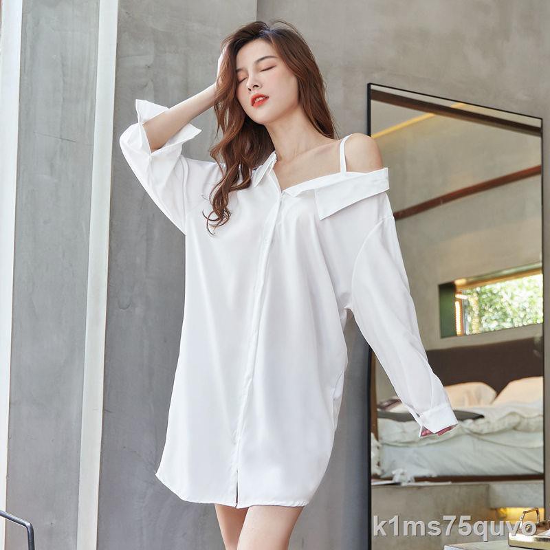 Đồ ngủ nữ ngày băng lụa sexy vẻ đẹp trắng lạnh trong gió lỏng kích thước lớn áo sơ mi kiểu bạn trai aYY