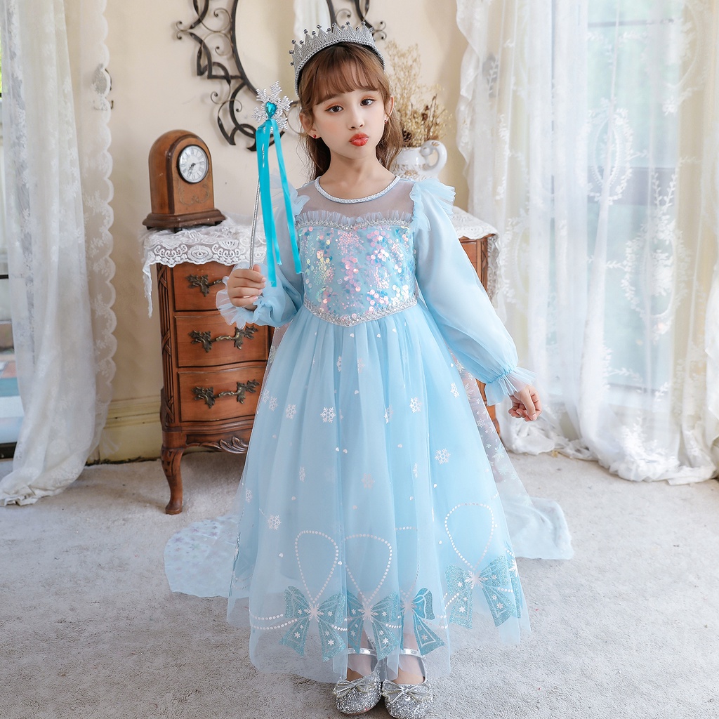 Váy đầm công chúa Elsa tay dài cho bé gái 4-10 tuổi - mẫu mới Frozen 2