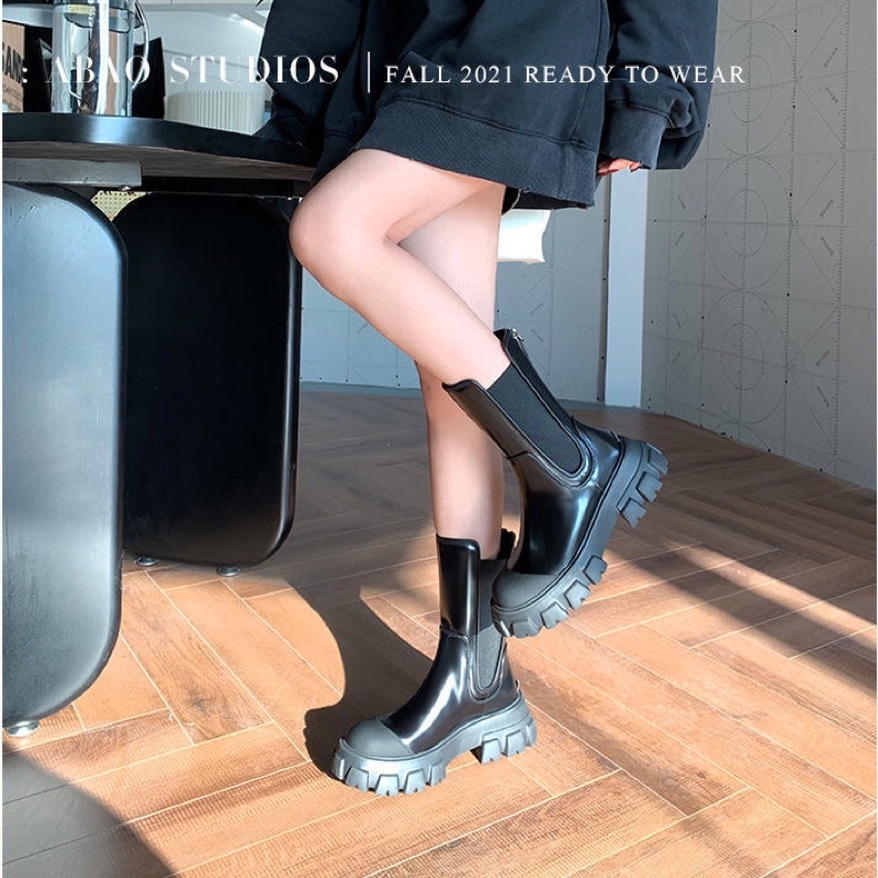 Boots cao cổ da phối chun cổ