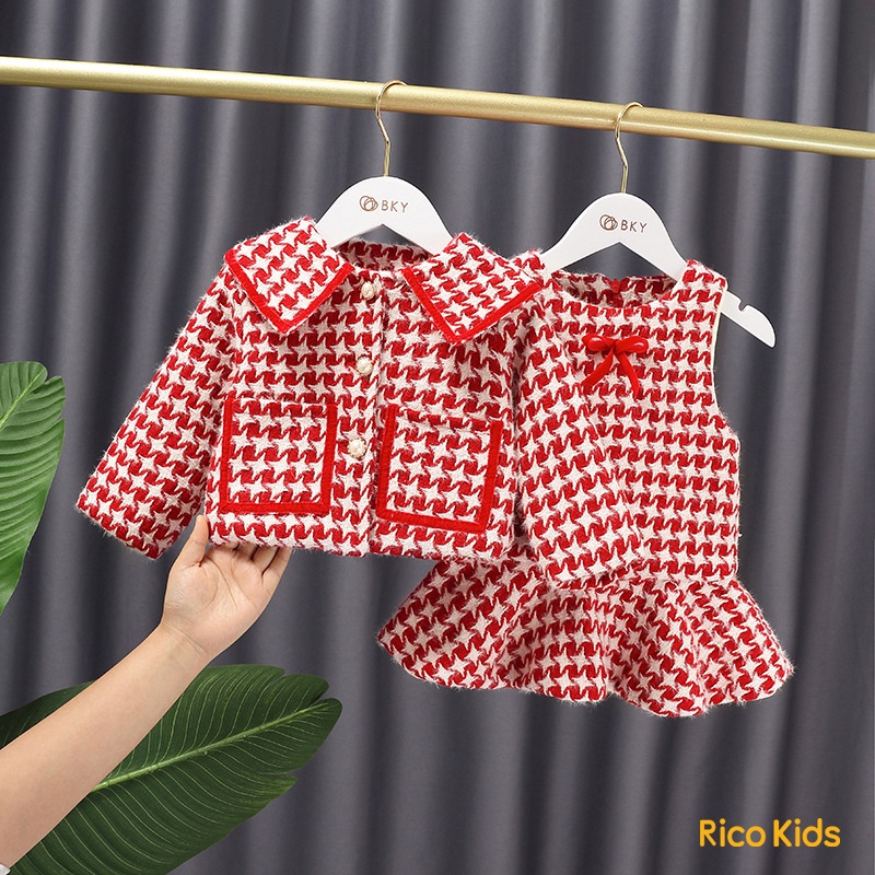 SET váy và áo khoác cho bé gái dạ đỏ may hình thoi từ 5kg lót nỉ bông cực Mềm Ấm mã E20468