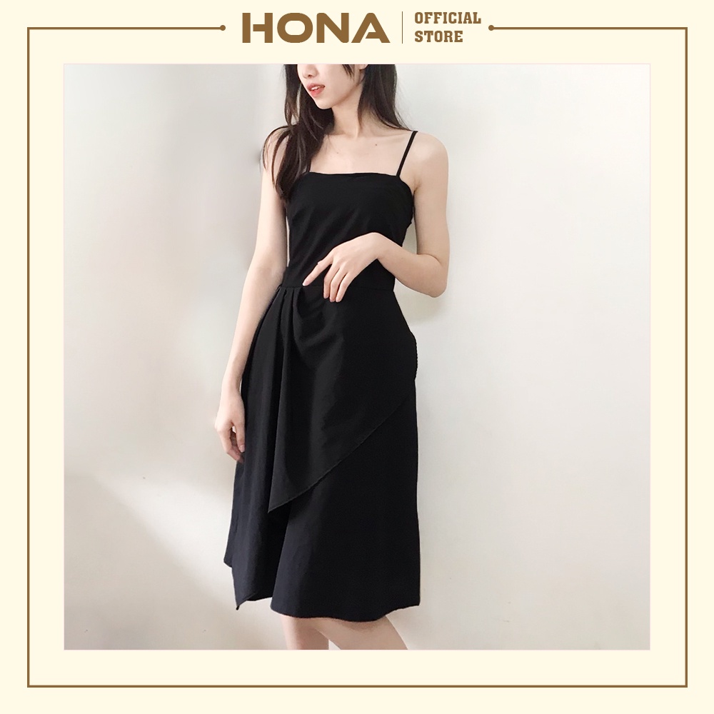 Váy đen 2 dây dáng xòe xếp ly - Đầm 2 dây dạo phố cổ vuông dáng xòe 2 lớp HONA203 | BigBuy360 - bigbuy360.vn