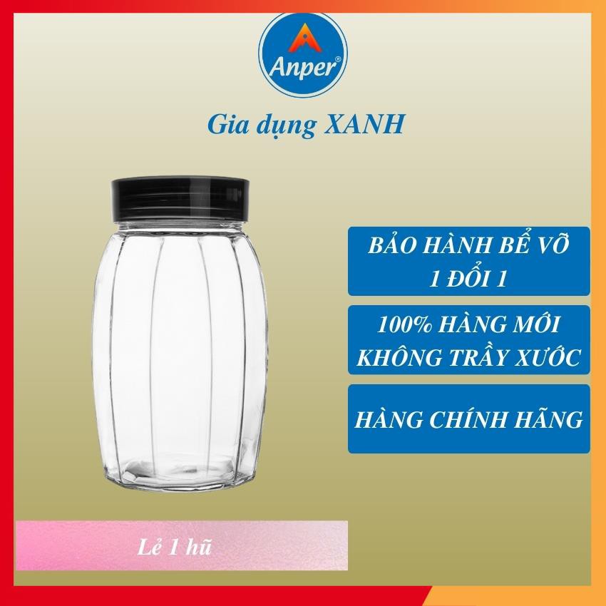 Hũ Thủy Tinh Anper 1.2L Bầu Có Nắp Cao Cấp Sang Trọng, Hộp Thuỷ Tinh Thực Phẩm đựng đường, hạt, đồ khô an toàn, sạch sẽ