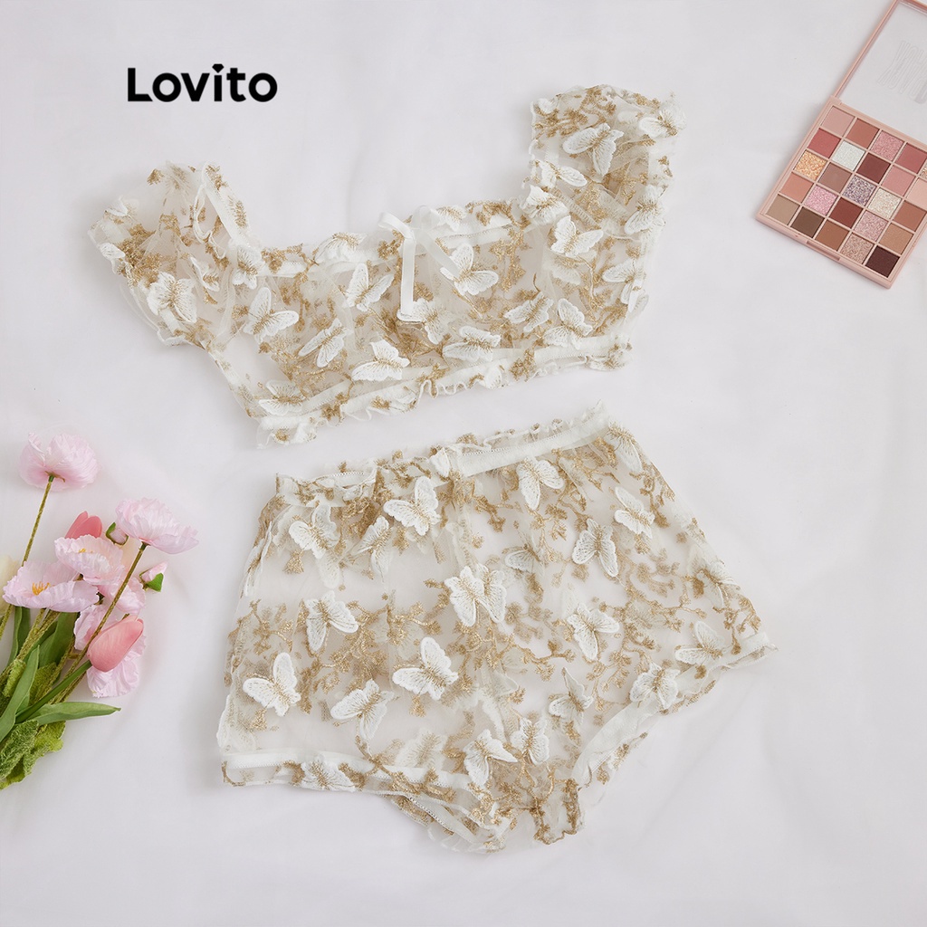 Đồ lót Lovito vải xuyên thấu nhún thun xếp nếp phối miếng đính họa tiết bướm sexy L17X450 (màu trắng)