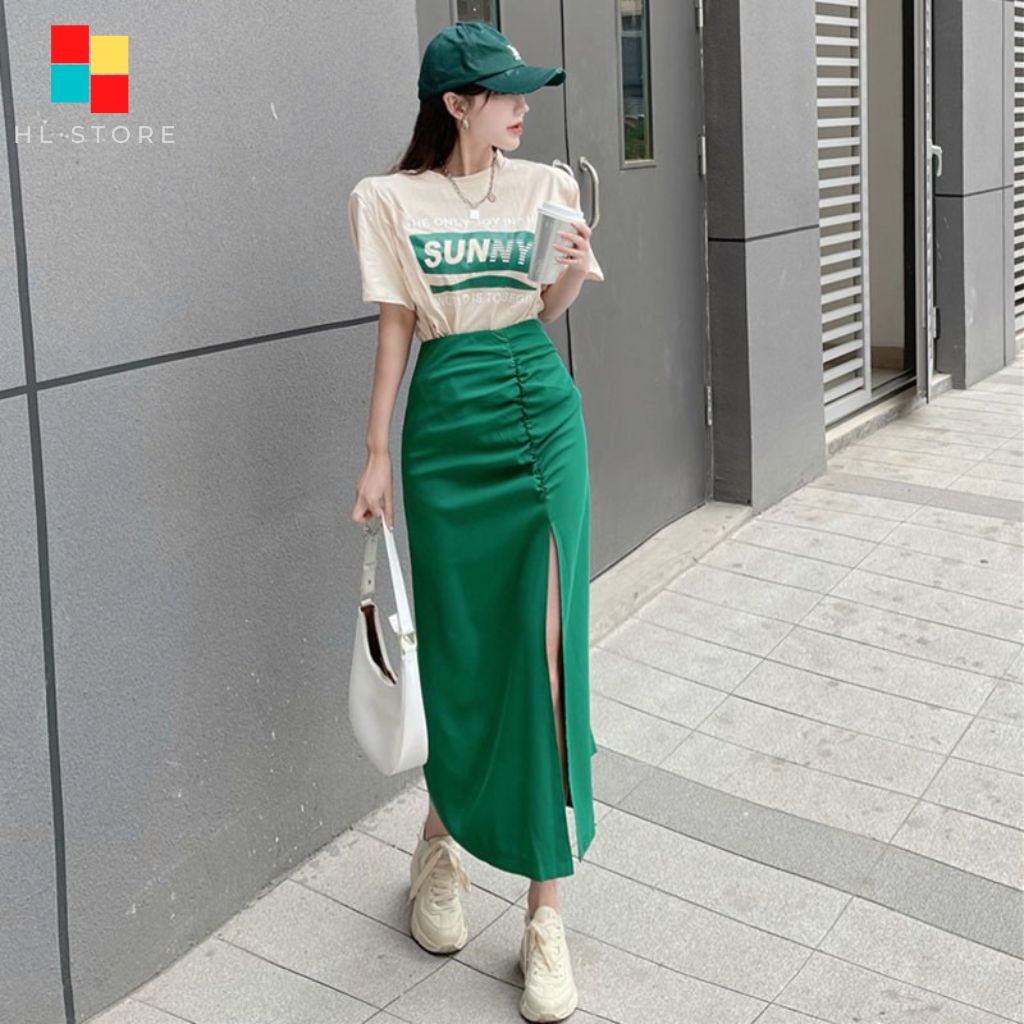 Set áo thun tay ngắn Sunny + Chân váy chữ A lưng cao xẻ đùi phong cách Ulzzang HL01 | BigBuy360 - bigbuy360.vn