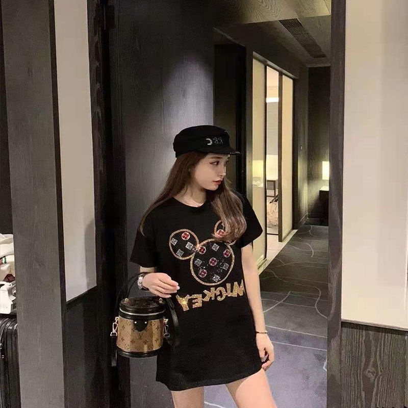Áo Thun Tay Ngắn Cổ Tròn Chất Liệu Cotton Thoáng Khí In Họa Tiết Hoạt Hình Đính Đá Thời Trang Cho Nữ