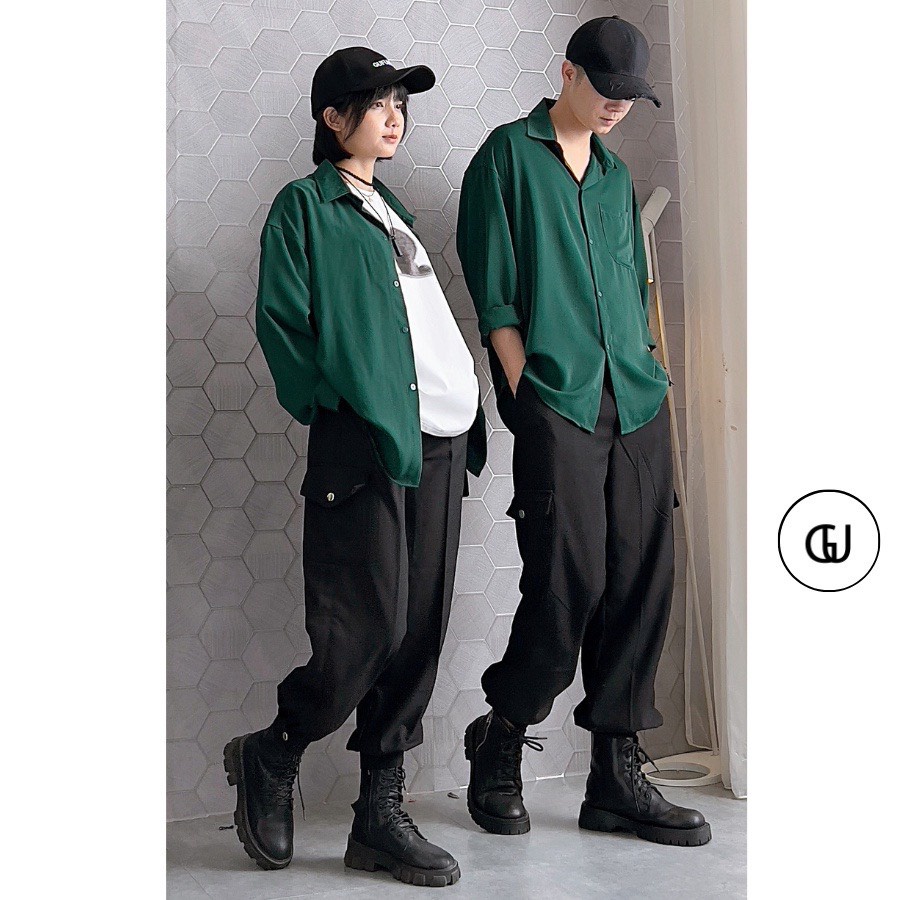 Áo Sơ Mi Xanh Lá Đậm Tối Chất Lụa Unisex Nam Nữ