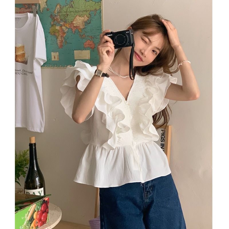 Áo Sơ Mi Cổ Chữ V Ôm Eo Nhún Bèo Phong Cách Pháp Thời Trang Mùa Hè Hàng Mới