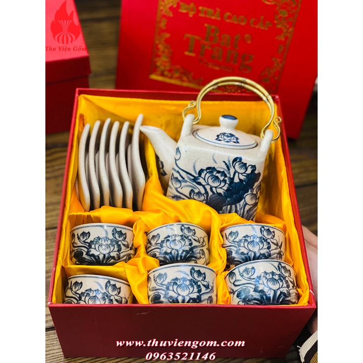 Bộ ấm chén uống trà Bát Tràng men rạn cổ vẽ sen dáng vuông 450ml