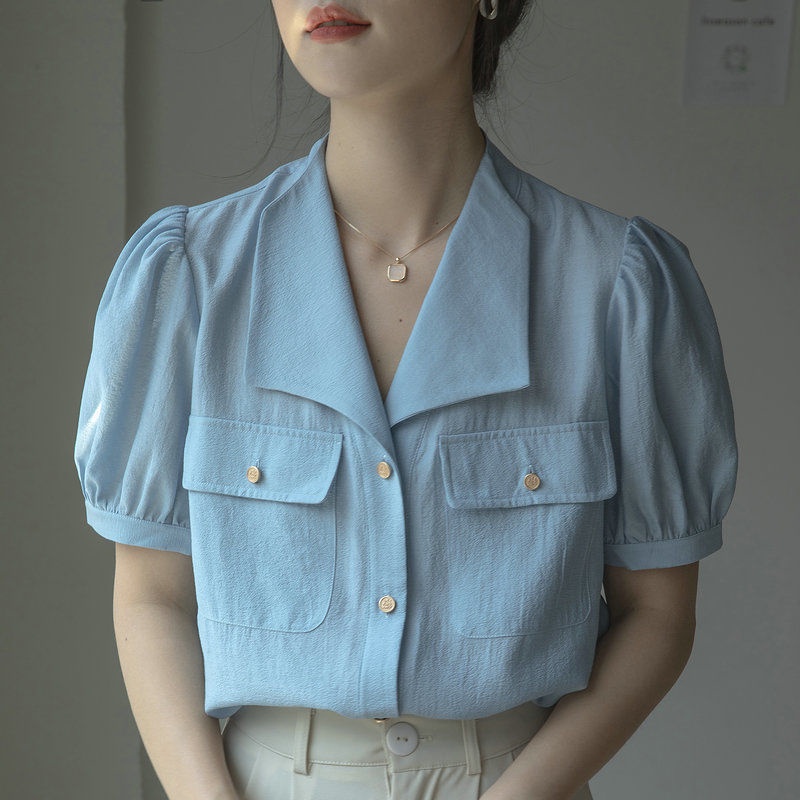 Áo Sơ Mi Nữ Tay Ngắn Mùa Hè Mới Màu Xanh