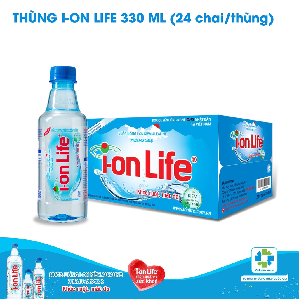 Thùng 24 chai nước uống i-on kiềm Akaline I-on Life 330ml/chai