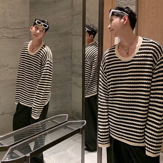 Áo Sweater Thể Thao Dệt Kim Dáng Rộng Họa Tiết Kẻ Sọc Rỗng Thời Trang Hàn Quốc 2022 Cho Cặp Đôi