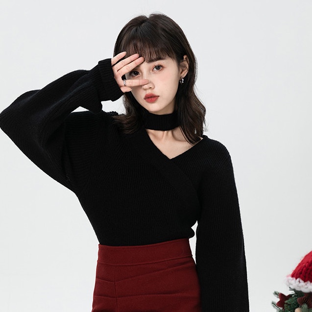 Áo sweater dệt kim cổ chữ v thời trang năm mới xinh xắn