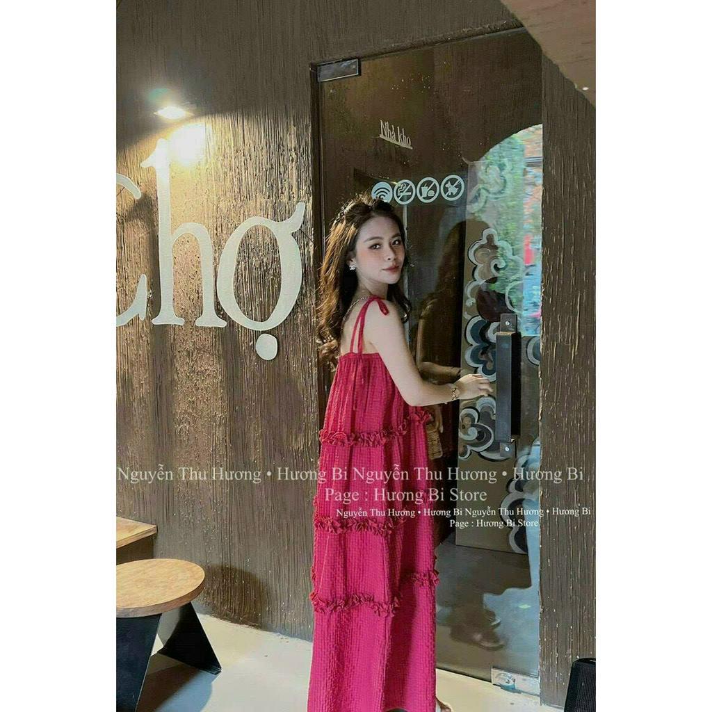 Đầm váy nữ 2 dây cột nơ vai dáng suông sang chảnh dễ thương họa tiết nhún tầng dự tiệc đi chơi