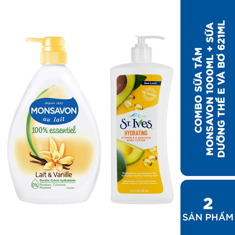 [Mã COSUI5 giảm 8% đơn 150K] Combo Sữa tắm Monsavon 1000ml &amp; Sữa dưỡng thể E và bơ 621ml