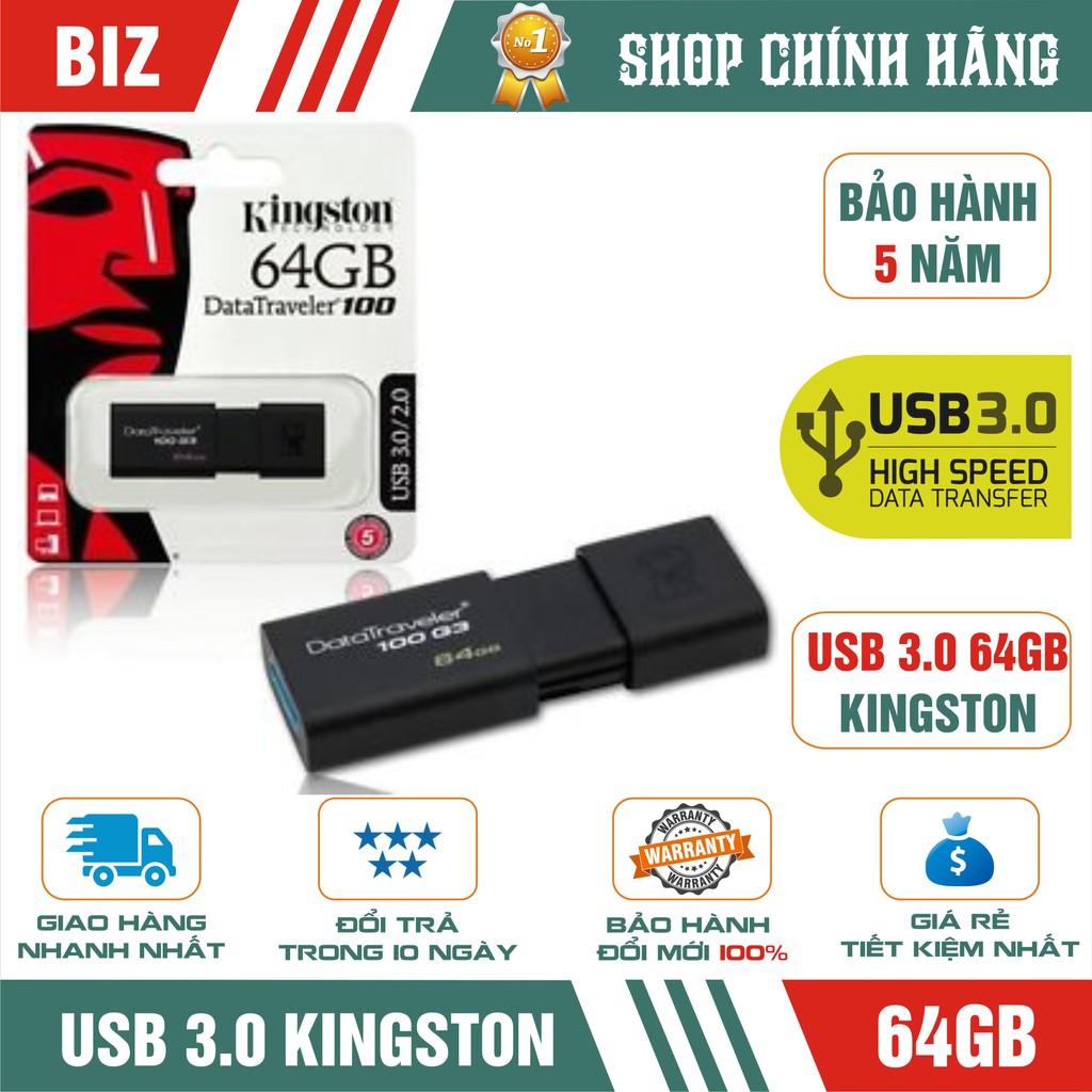 USB 3.0 64GB Kingston DT100G3 - Bảo hành 5 năm