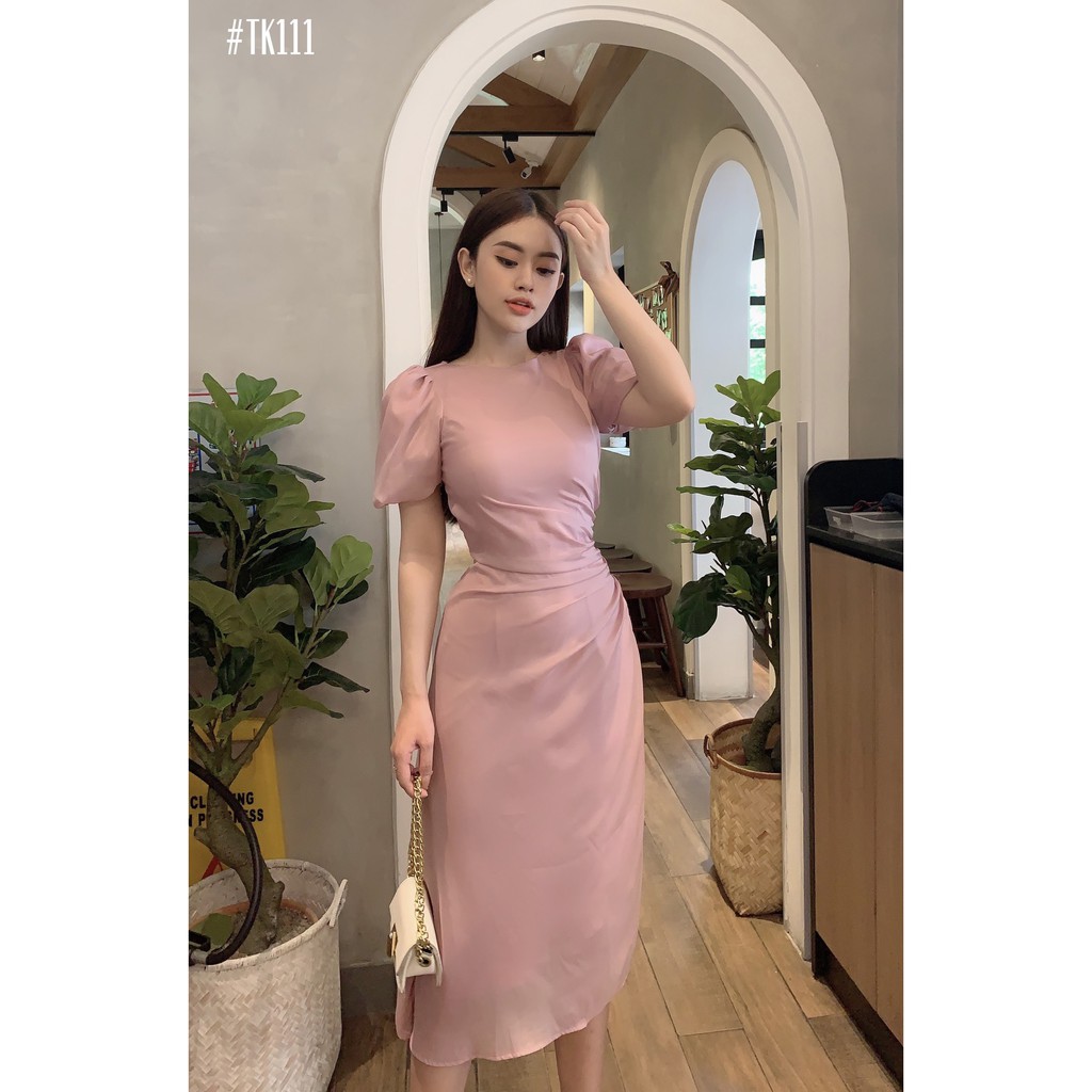 Đầm Hồng Nhún Eo