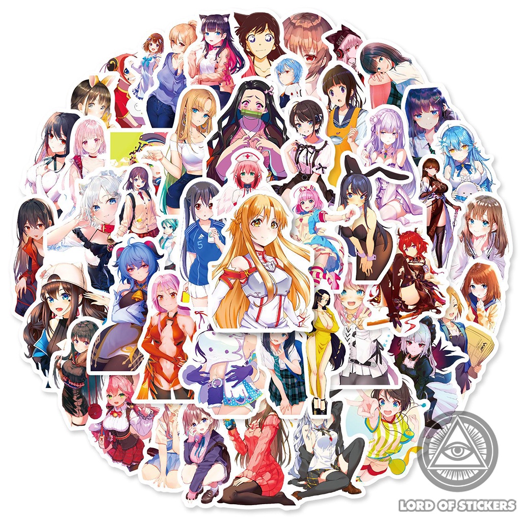 Set 50 Nhãn Dán Cute Anime Girl Waifu Sticker Manga Hình Cô Gái Dễ Thương Trang Trí Mũ Nón, Sổ, Điện Thoại, Laptop, Vali