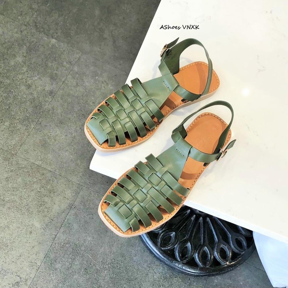 Giày sandal rọ nữ nền nâu bít mũi sáu dây/ sandal chiến binh đế bệt hở gót | AShoes VN ,