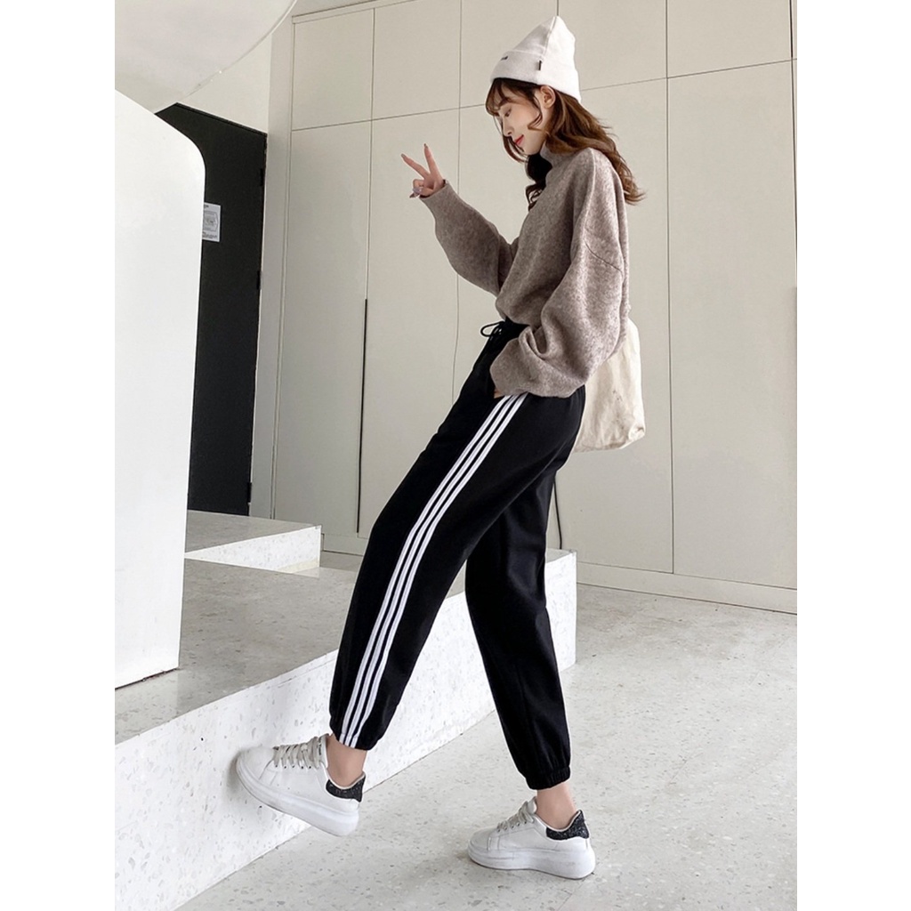 40-100kg Quần jogger BO CHUN GẤU (3 sọc-trơn) thể thao unisex nam nữ ống rộng hiphop bigsize thu đông basic pantt