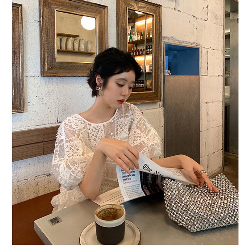 Đầm tay phồng phối ren phong cách Hàn Quốc thời trang hè cho nữ