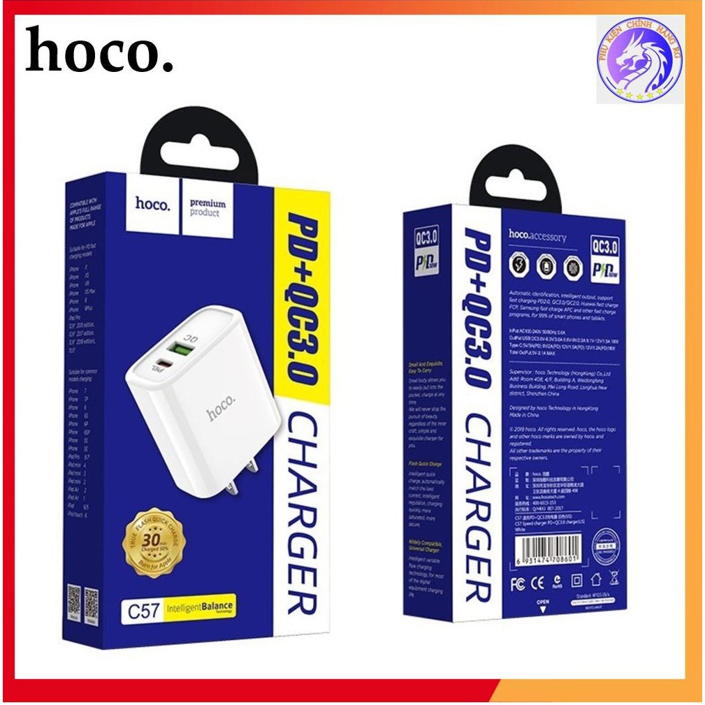 Cóc Sạc Nhanh HOCO C57 - QC3.0. Hàng Chính Hãng Chân dẹt chuẩn US