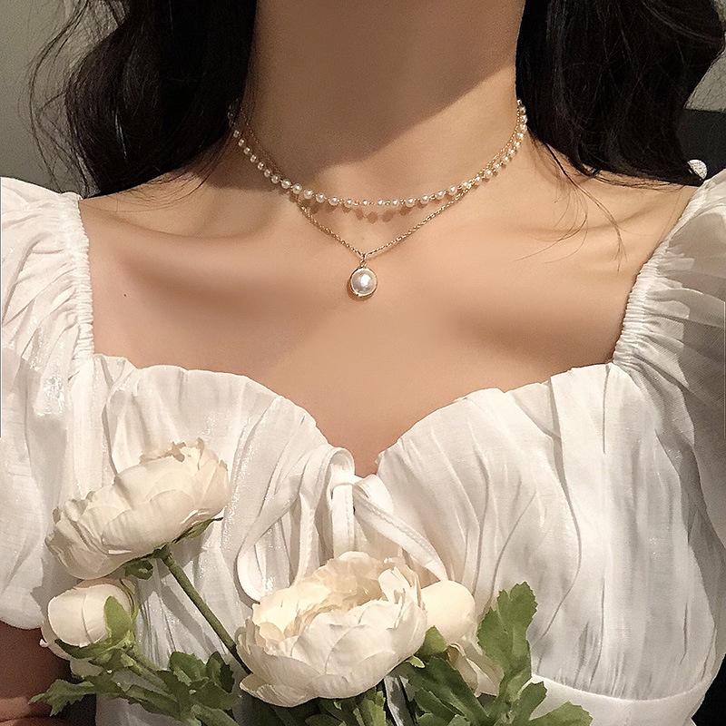 Vòng cổ hai lớp đính ngọc trai nhân tạo phong cách thanh lịch